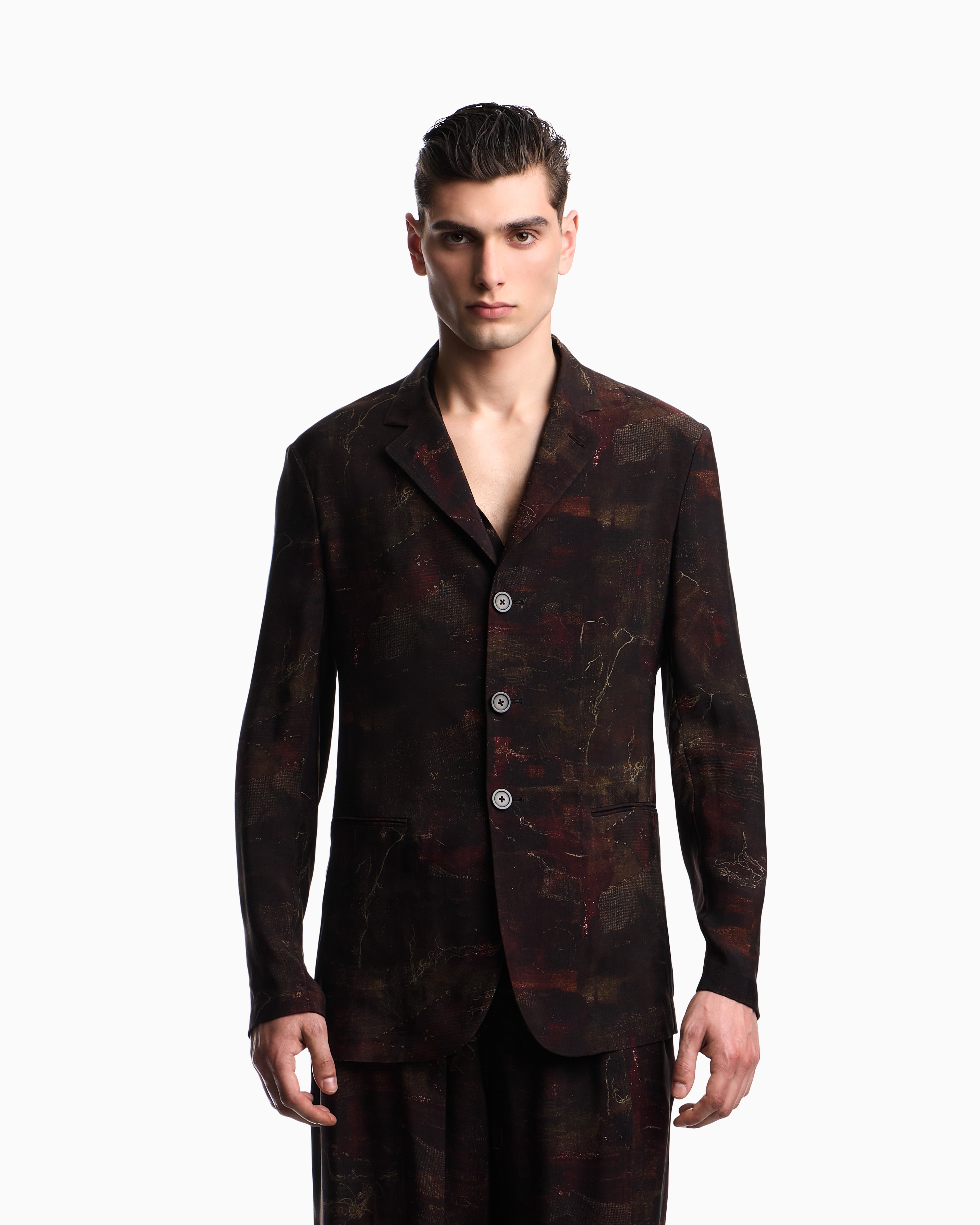 Emporio Armani Single-breasted jacket in cupro twill with all-over print