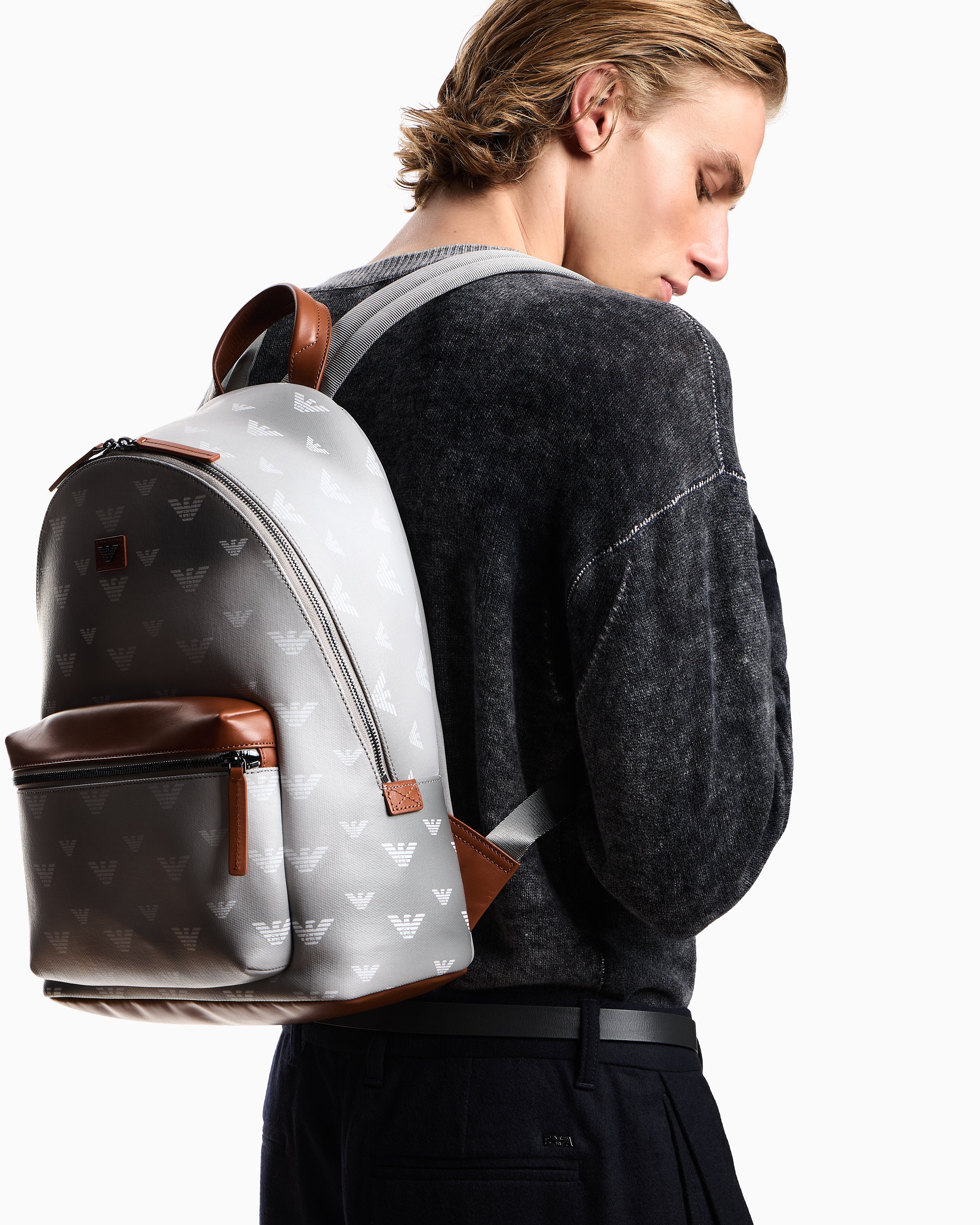 Emporio Armani Coated canvas backpack with all-over eagle