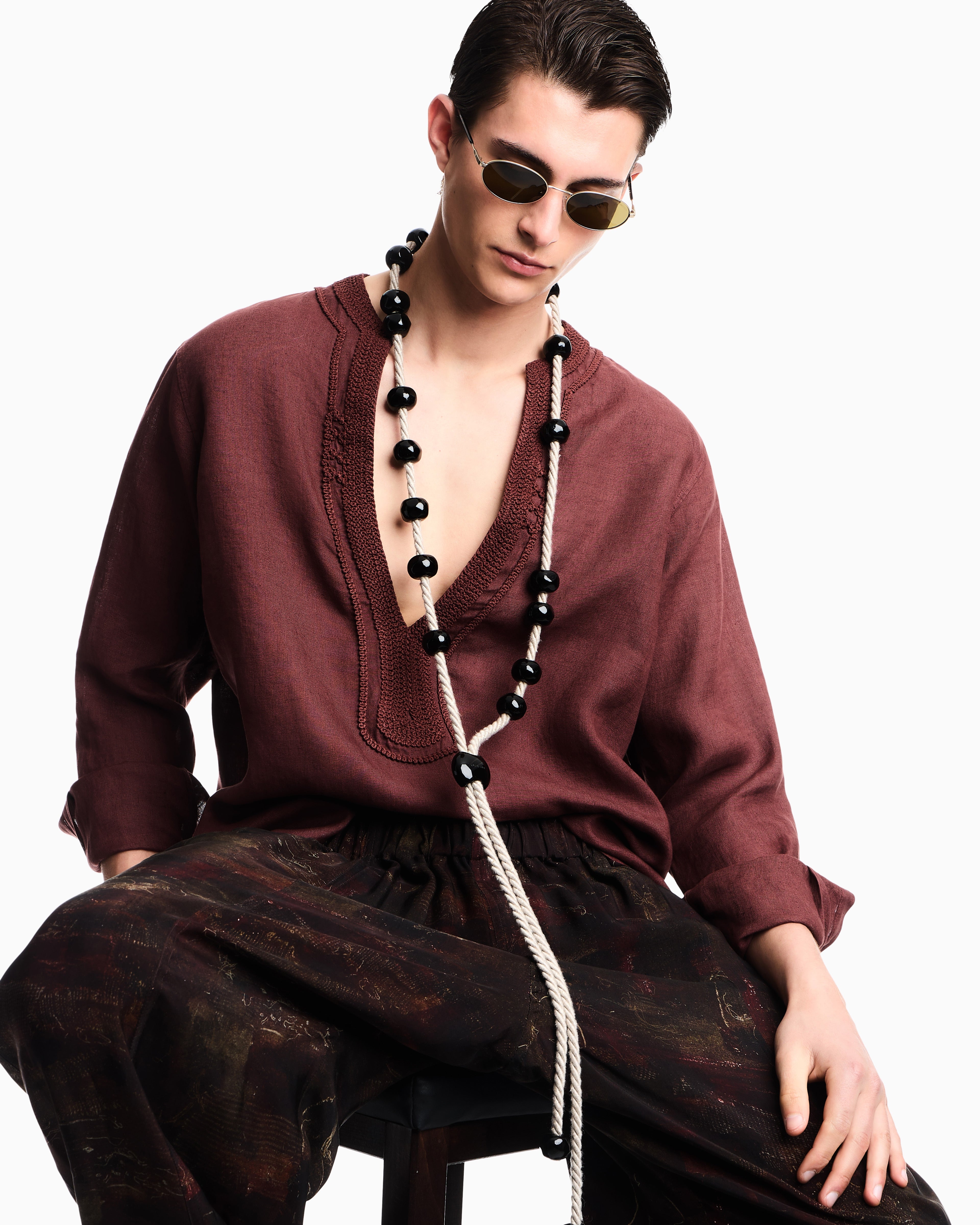 Emporio Armani Garment-dyed linen V-neck shirt with trim