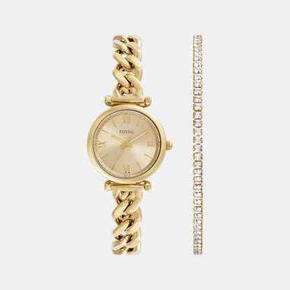 Fossil Carlie Women Quartz Gold Dial Analog Stainless Steel Watch Es5387Set