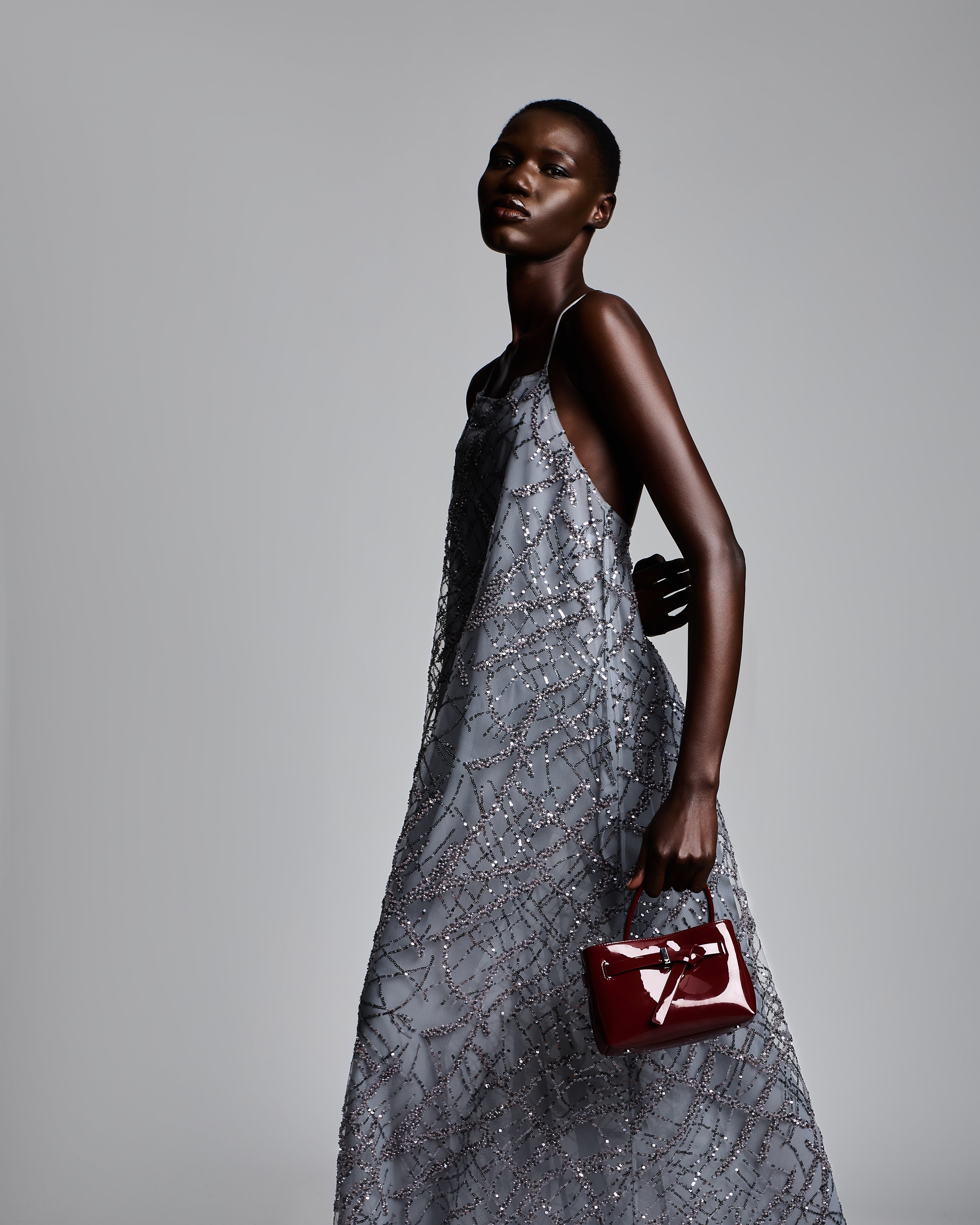 Emporio Armani Long tulle dress with all-over micro-sequin and jet embroidery