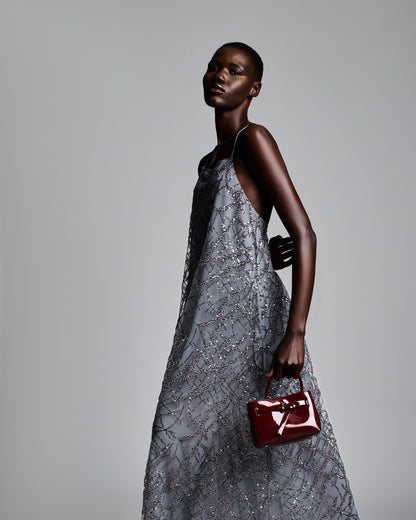 Emporio Armani Long tulle dress with all-over micro-sequin and jet embroidery