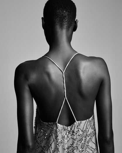 Emporio Armani Long tulle dress with all-over micro-sequin and jet embroidery