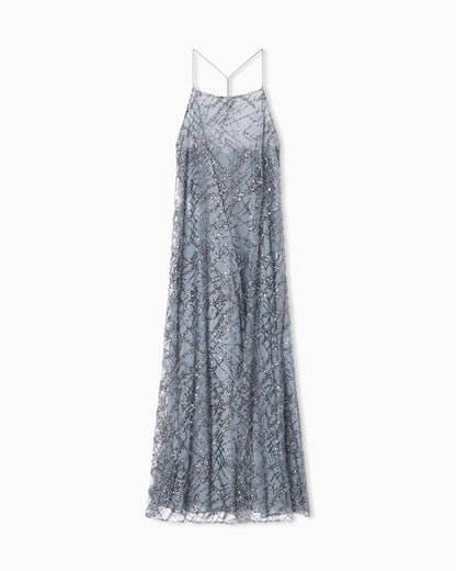 Emporio Armani Long tulle dress with all-over micro-sequin and jet embroidery