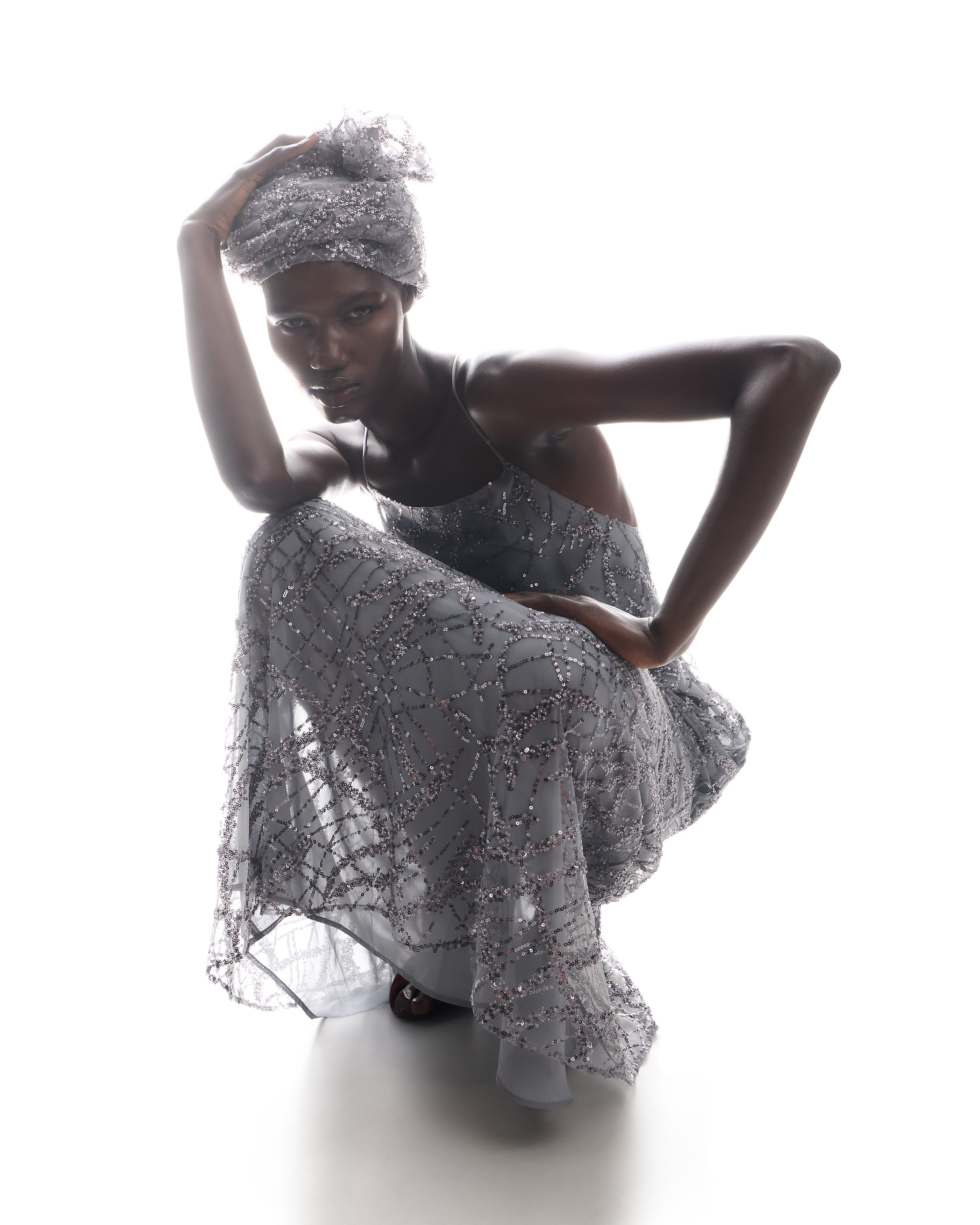 Emporio Armani Long tulle dress with all-over micro-sequin and jet embroidery