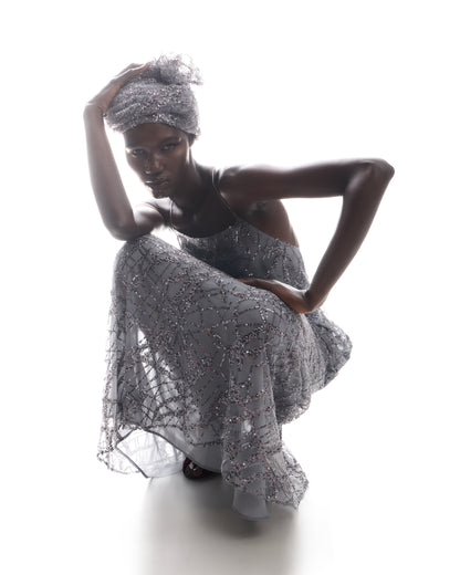 Emporio Armani Long tulle dress with all-over micro-sequin and jet embroidery