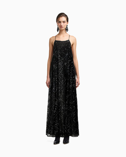 Emporio Armani Long tulle dress with all-over micro-sequin and jet embroidery