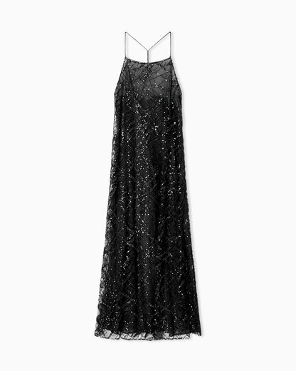 Emporio Armani Long tulle dress with all-over micro-sequin and jet embroidery