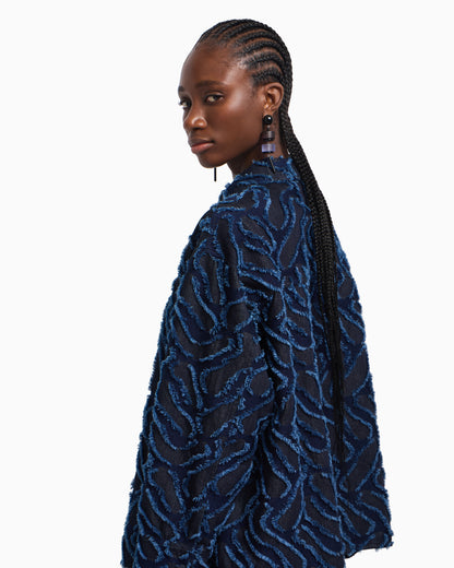 Emporio Armani Fringed embossed-motif jacquard denim shirt jacket