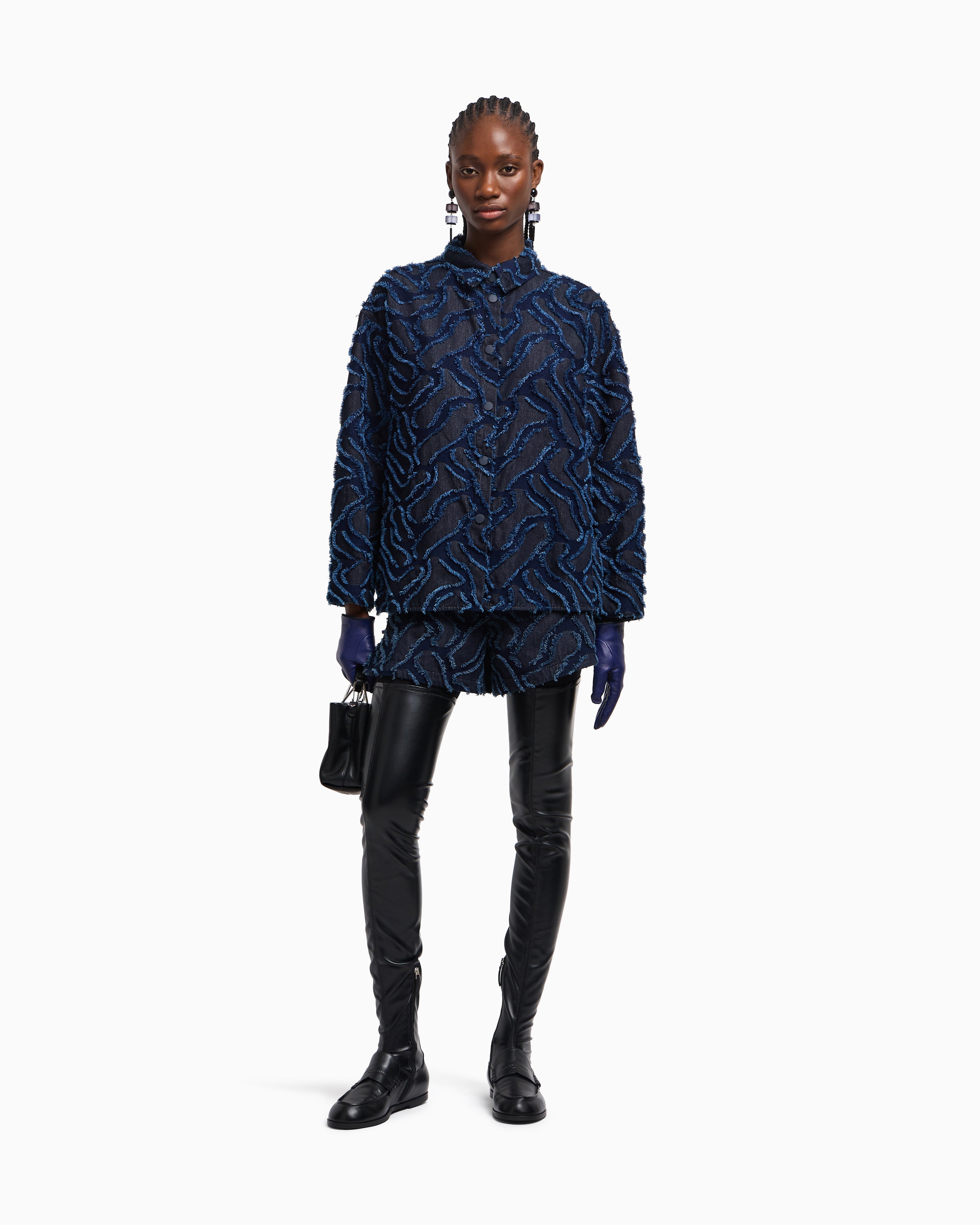Emporio Armani Fringed embossed-motif jacquard denim shirt jacket