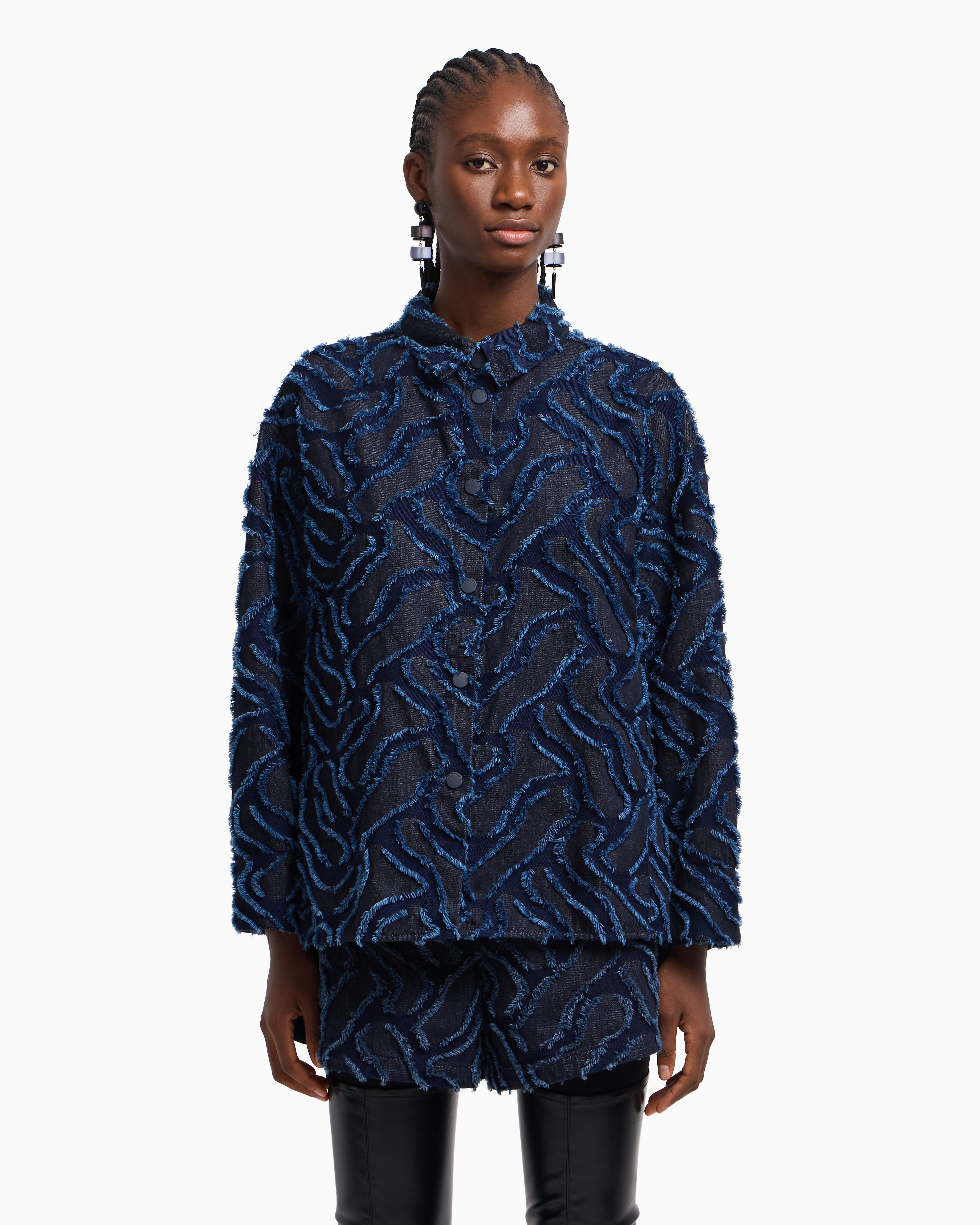 Emporio Armani Fringed embossed-motif jacquard denim shirt jacket