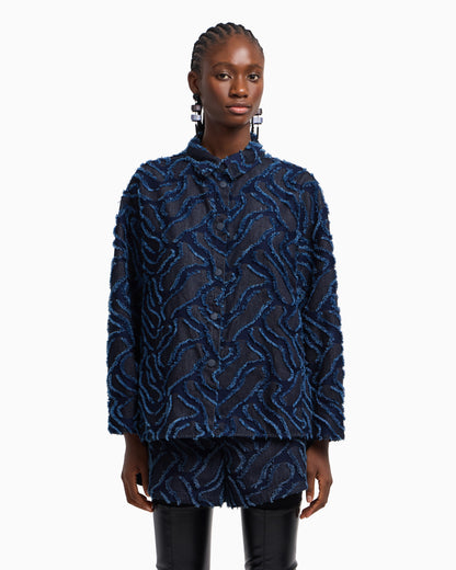 Emporio Armani Fringed embossed-motif jacquard denim shirt jacket