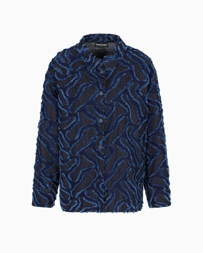 Emporio Armani Fringed embossed-motif jacquard denim shirt jacket