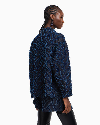 Emporio Armani Fringed embossed-motif jacquard denim shirt jacket