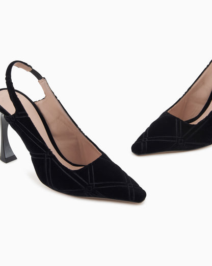 Emporio Armani Embossed Motif Velvet Slingback Court Shoes Black