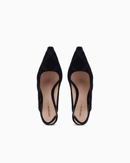 Emporio Armani Embossed Motif Velvet Slingback Court Shoes Black