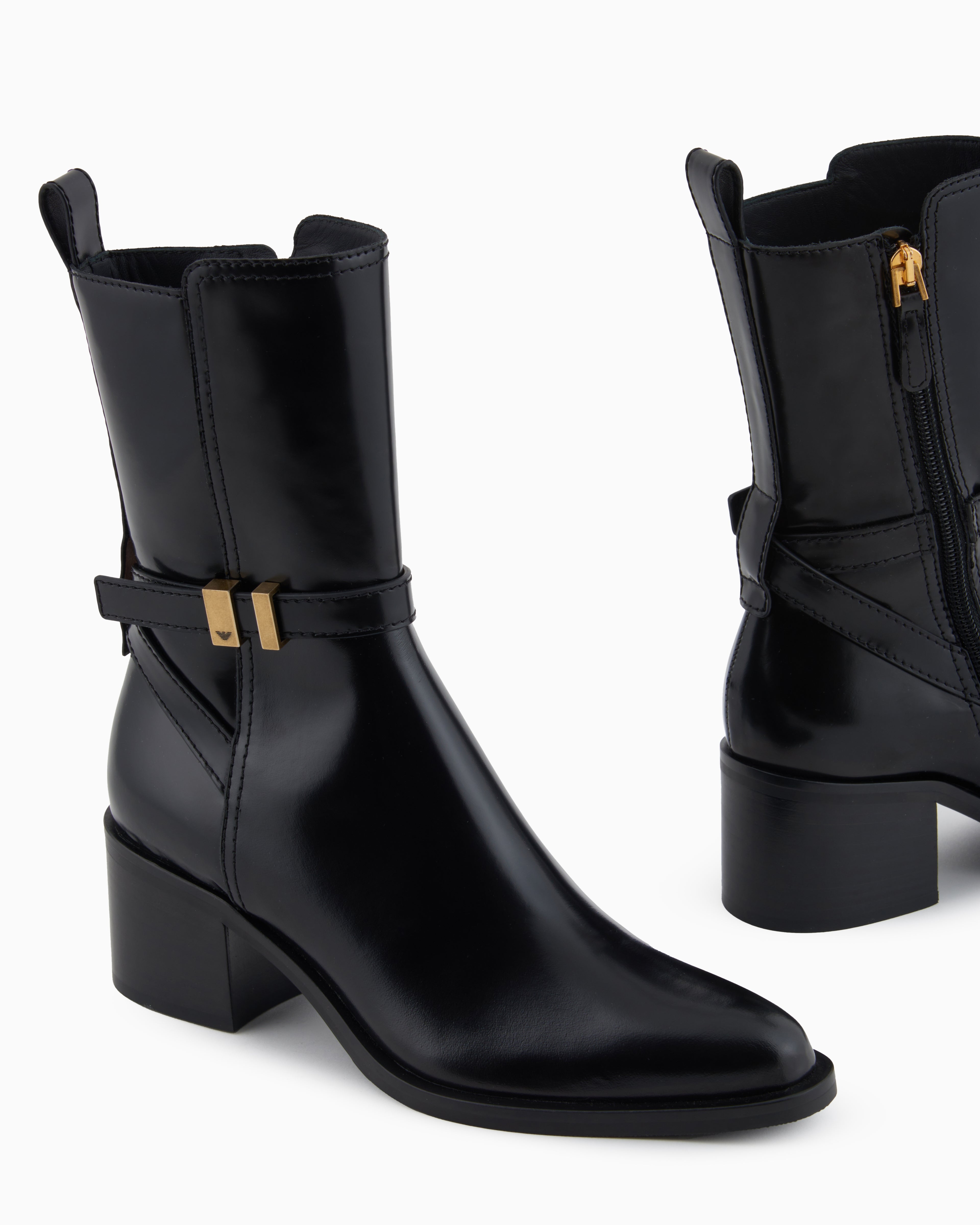 Emporio Armani Brushed Leather Ankle Boots With Strap Black