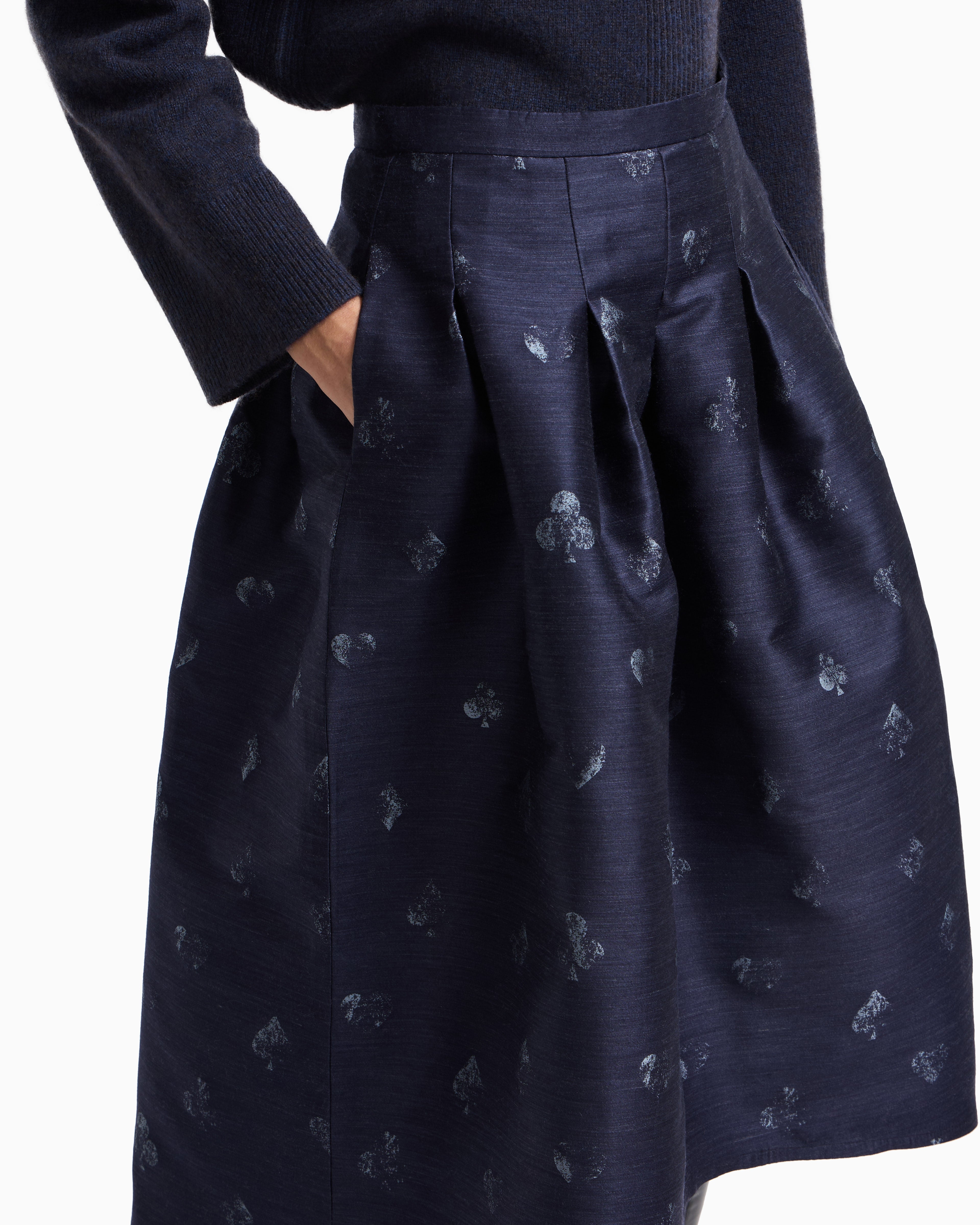 Emporio Armani Jeu de Cartes motif wool-blend jacquard skirt with godet pleats