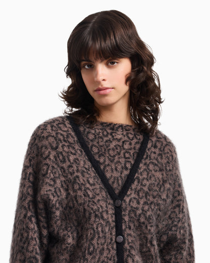 Emporio Armani V-neck cardigan in jacquard wool-mohair blend with an all-over pattern