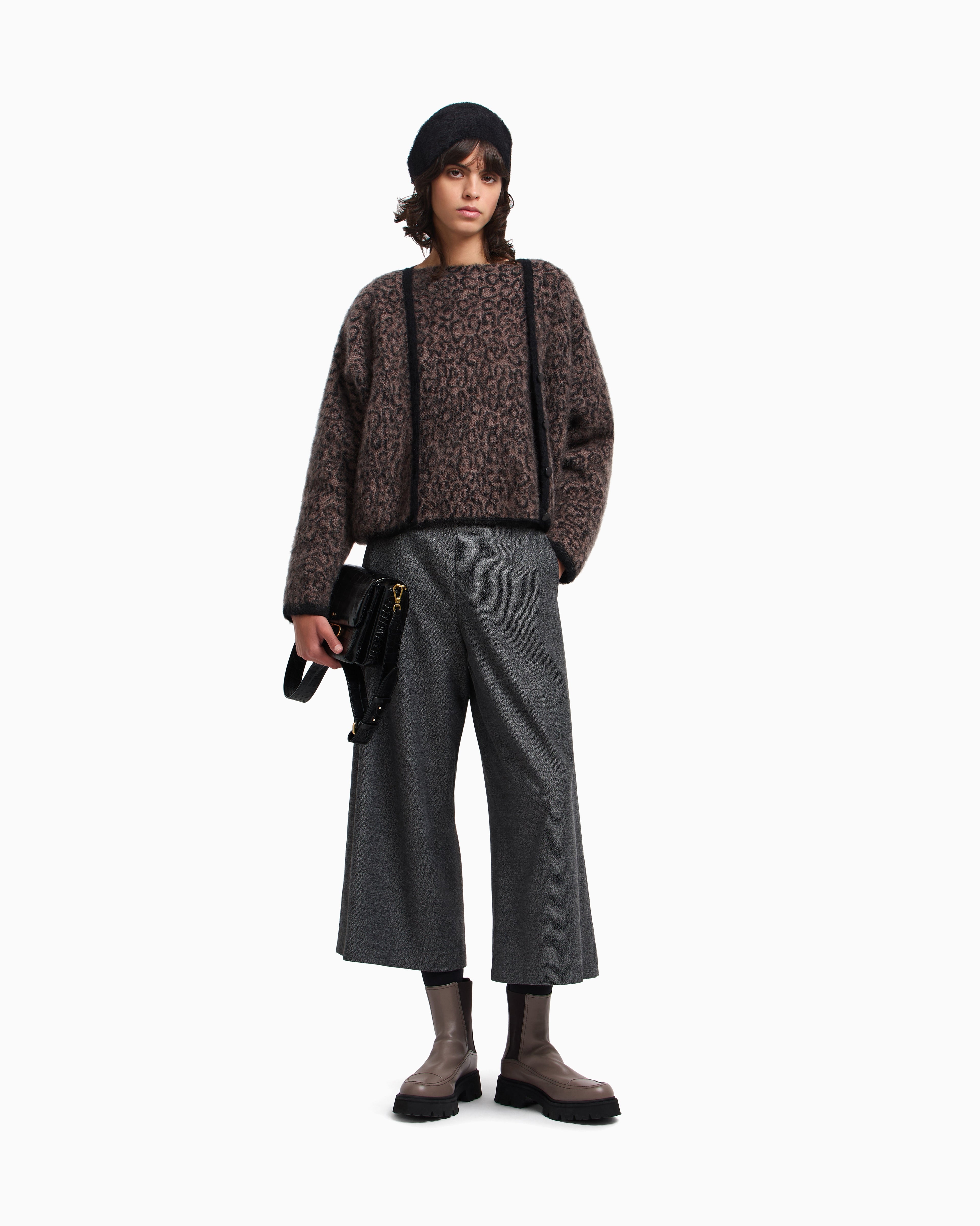 Emporio Armani V-neck cardigan in jacquard wool-mohair blend with an all-over pattern