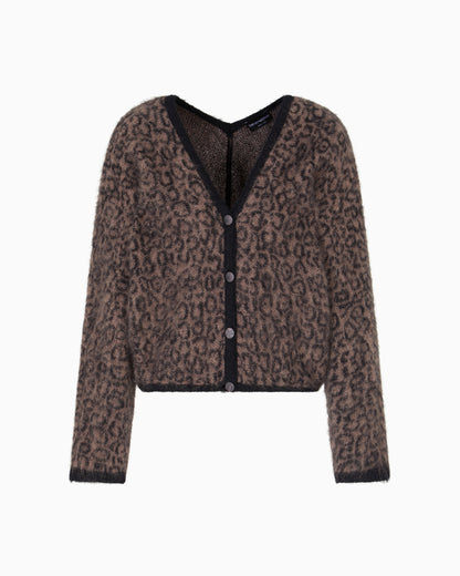 Emporio Armani V-neck cardigan in jacquard wool-mohair blend with an all-over pattern