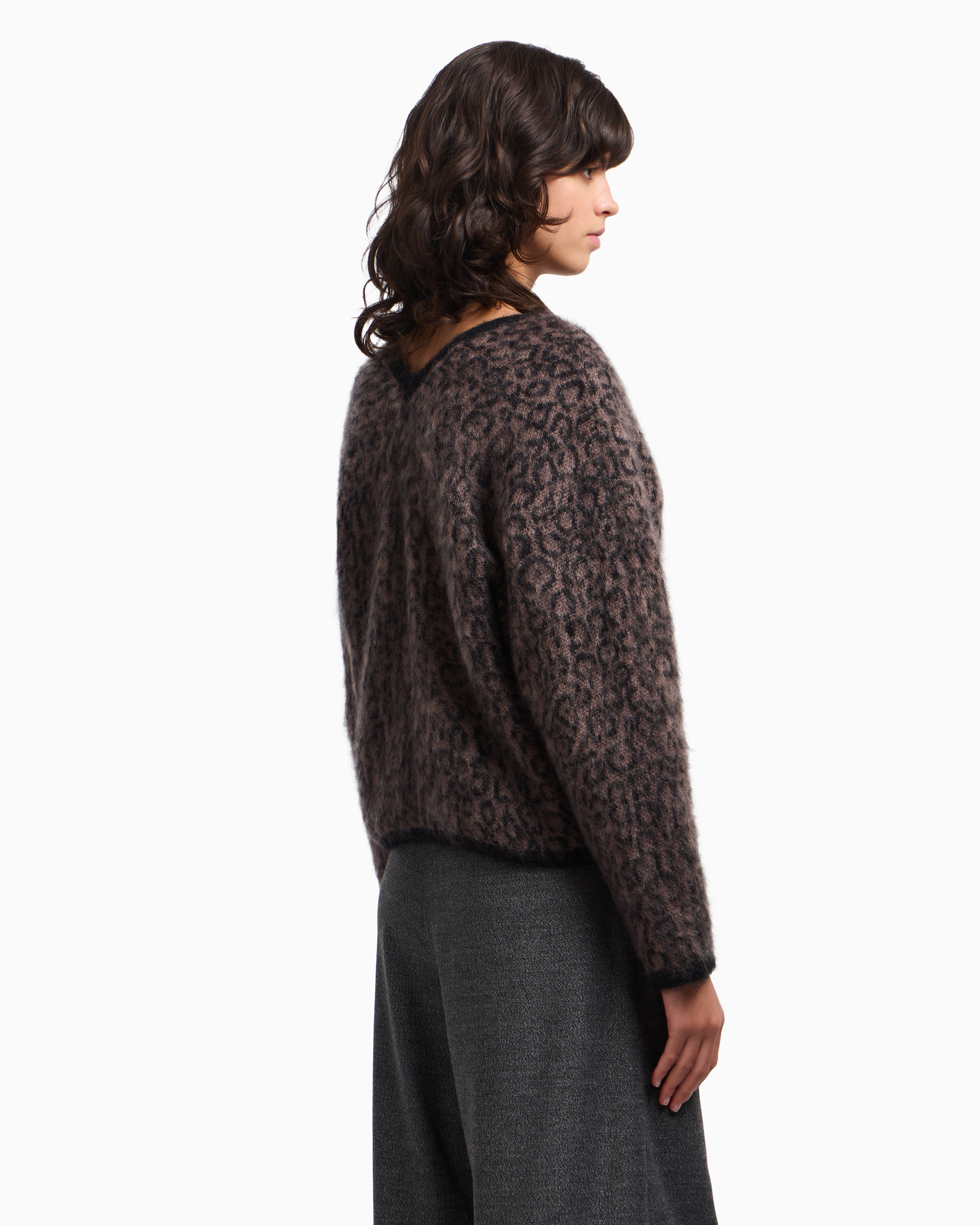 Emporio Armani V-neck cardigan in jacquard wool-mohair blend with an all-over pattern