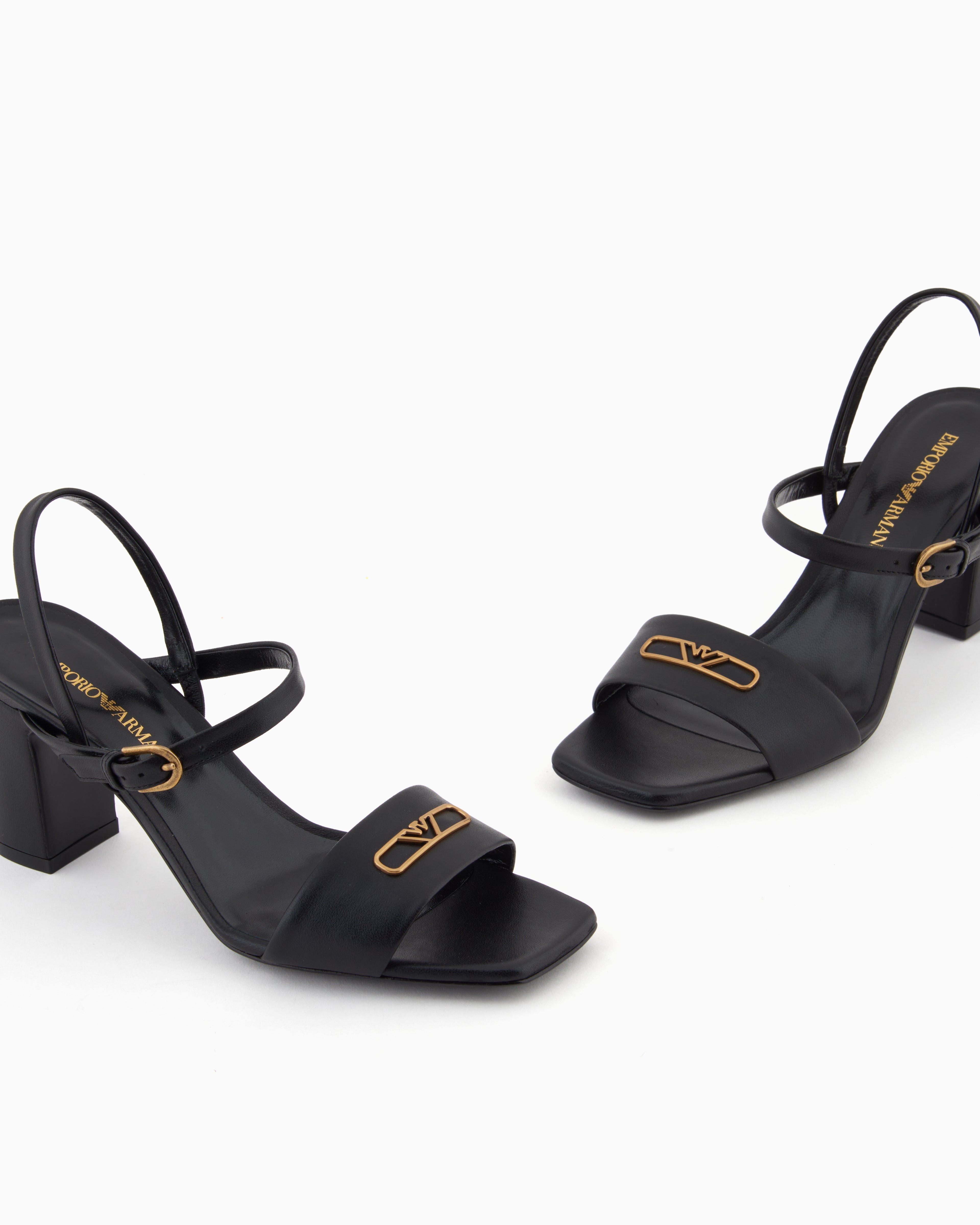 Emporio Armani Nappa-Leather Heeled Sandals With Eagle Plate Black