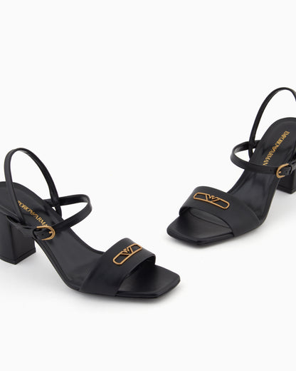 Emporio Armani Nappa-Leather Heeled Sandals With Eagle Plate Black