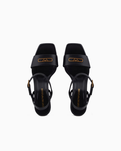 Emporio Armani Nappa-Leather Heeled Sandals With Eagle Plate Black