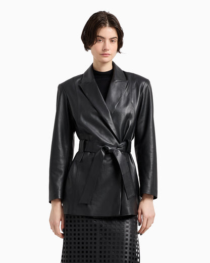 Emporio Armani Polygon capsule collection lambskin nappa leather jacket with belt