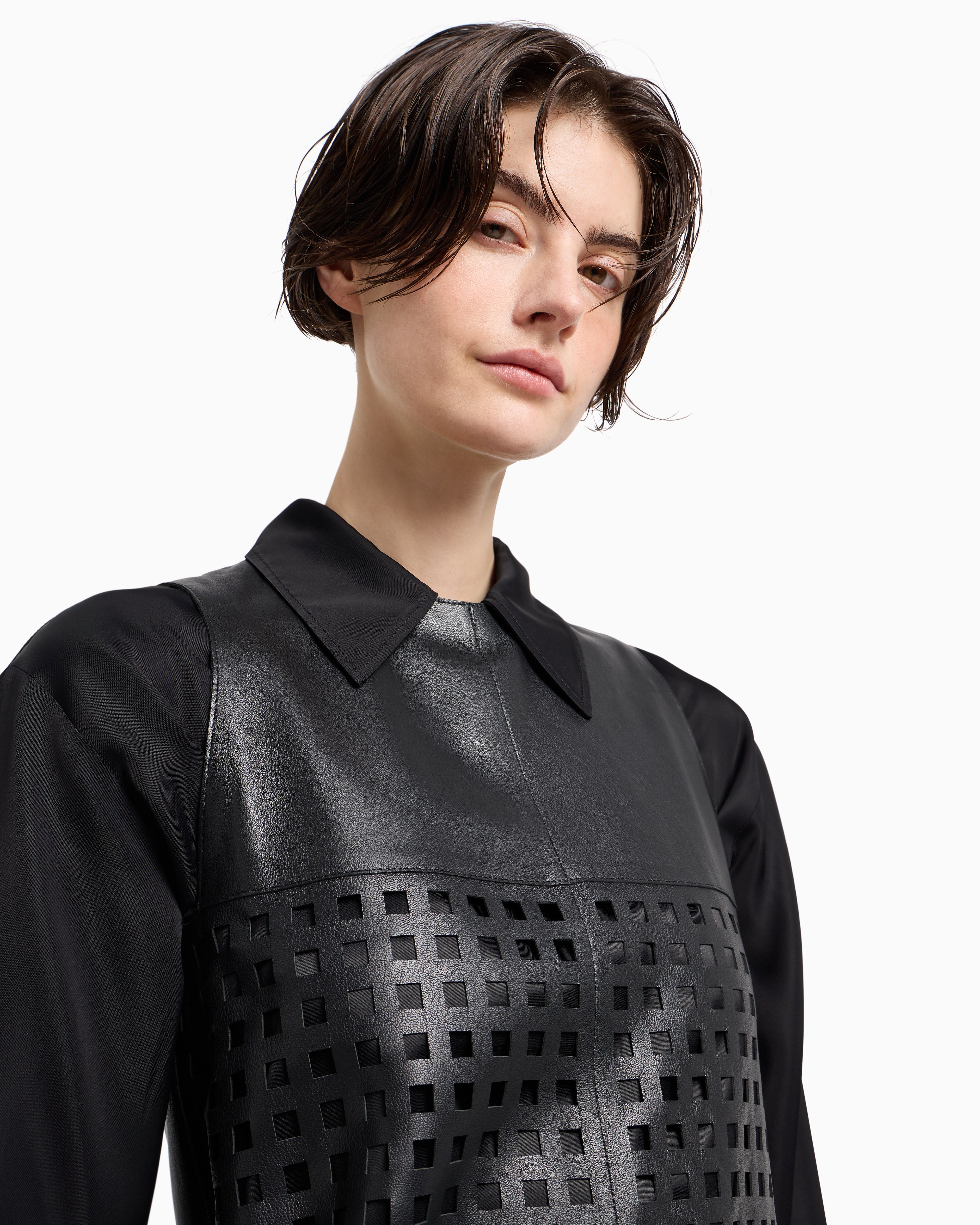Emporio Armani Polygon capsule collection dress in vegetable-tanned nappa leather with laser-cut perforations