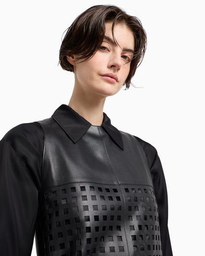 Emporio Armani Polygon capsule collection dress in vegetable-tanned nappa leather with laser-cut perforations