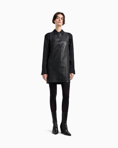 Emporio Armani Polygon capsule collection dress in vegetable-tanned nappa leather with laser-cut perforations