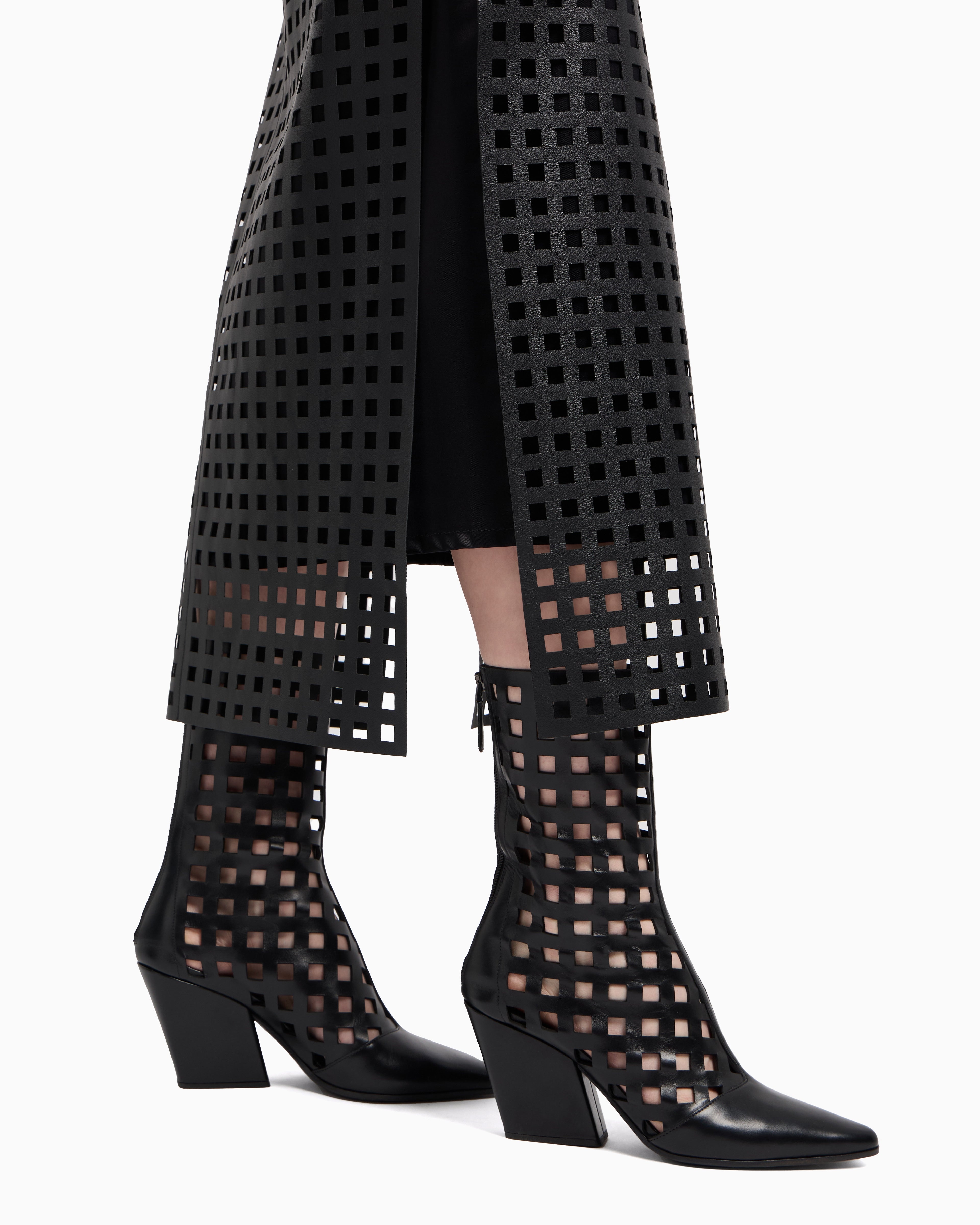 Emporio Armani Polygon capsule collection midi skirt in vegetable-tanned nappa leather with laser-cut perforations
