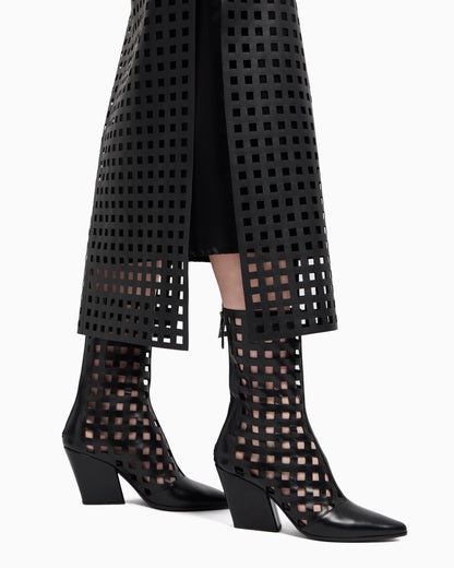 Emporio Armani Polygon capsule collection midi skirt in vegetable-tanned nappa leather with laser-cut perforations