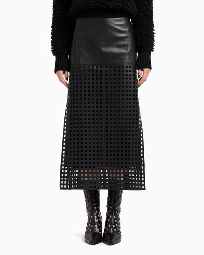 Emporio Armani Polygon capsule collection midi skirt in vegetable-tanned nappa leather with laser-cut perforations