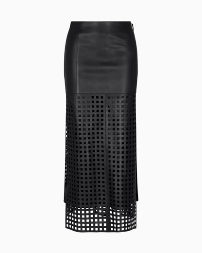 Emporio Armani Polygon capsule collection midi skirt in vegetable-tanned nappa leather with laser-cut perforations