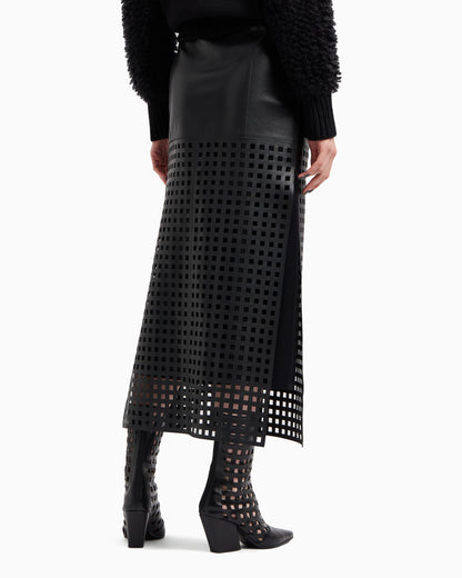 Emporio Armani Polygon capsule collection midi skirt in vegetable-tanned nappa leather with laser-cut perforations