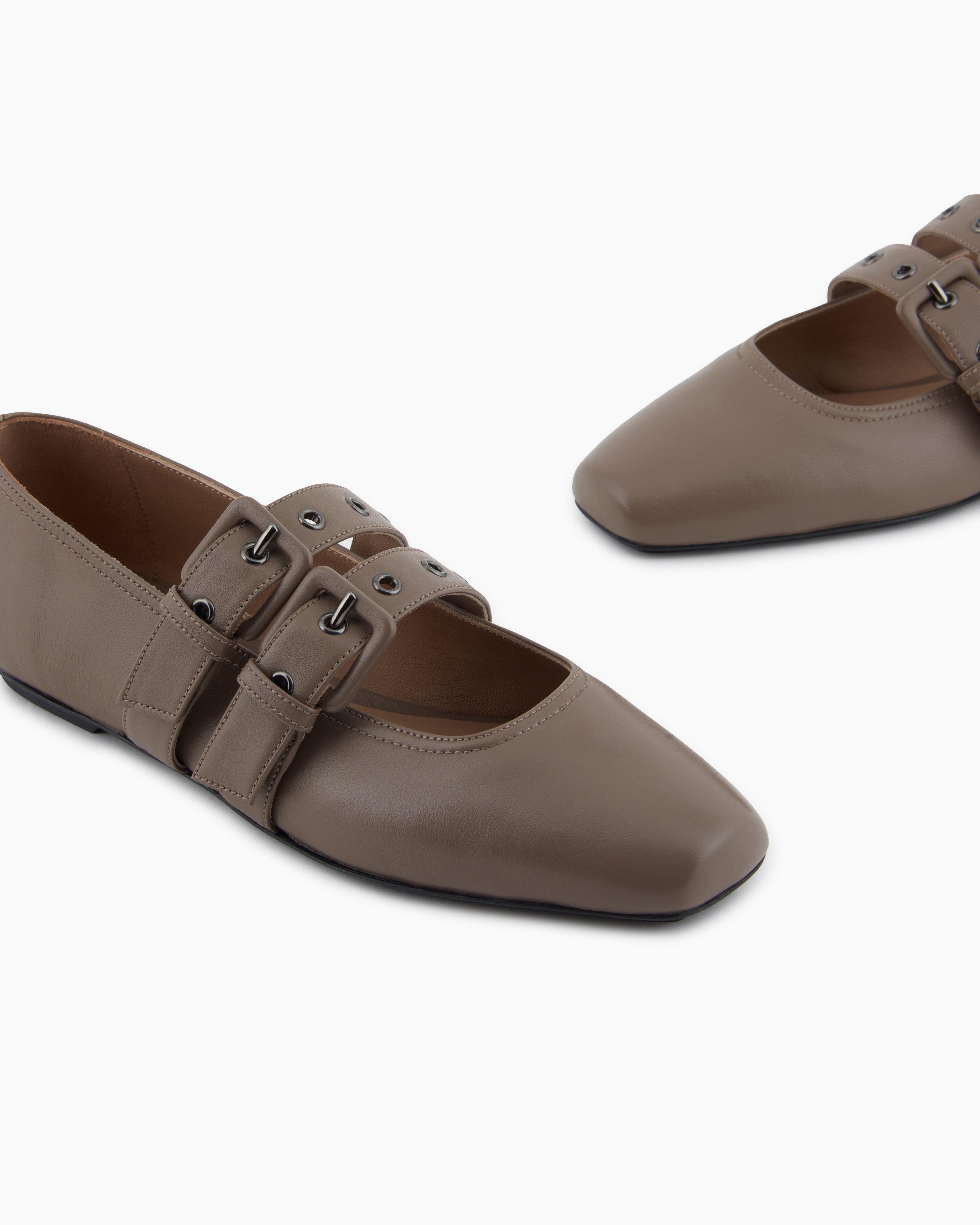 Emporio Armani Nappa-Leather Square-Toed Ballerinas With Double Strap Brown