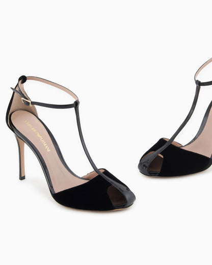Emporio Armani Velvet And Patent-Leather T-Bar Heeled Sandals Black
