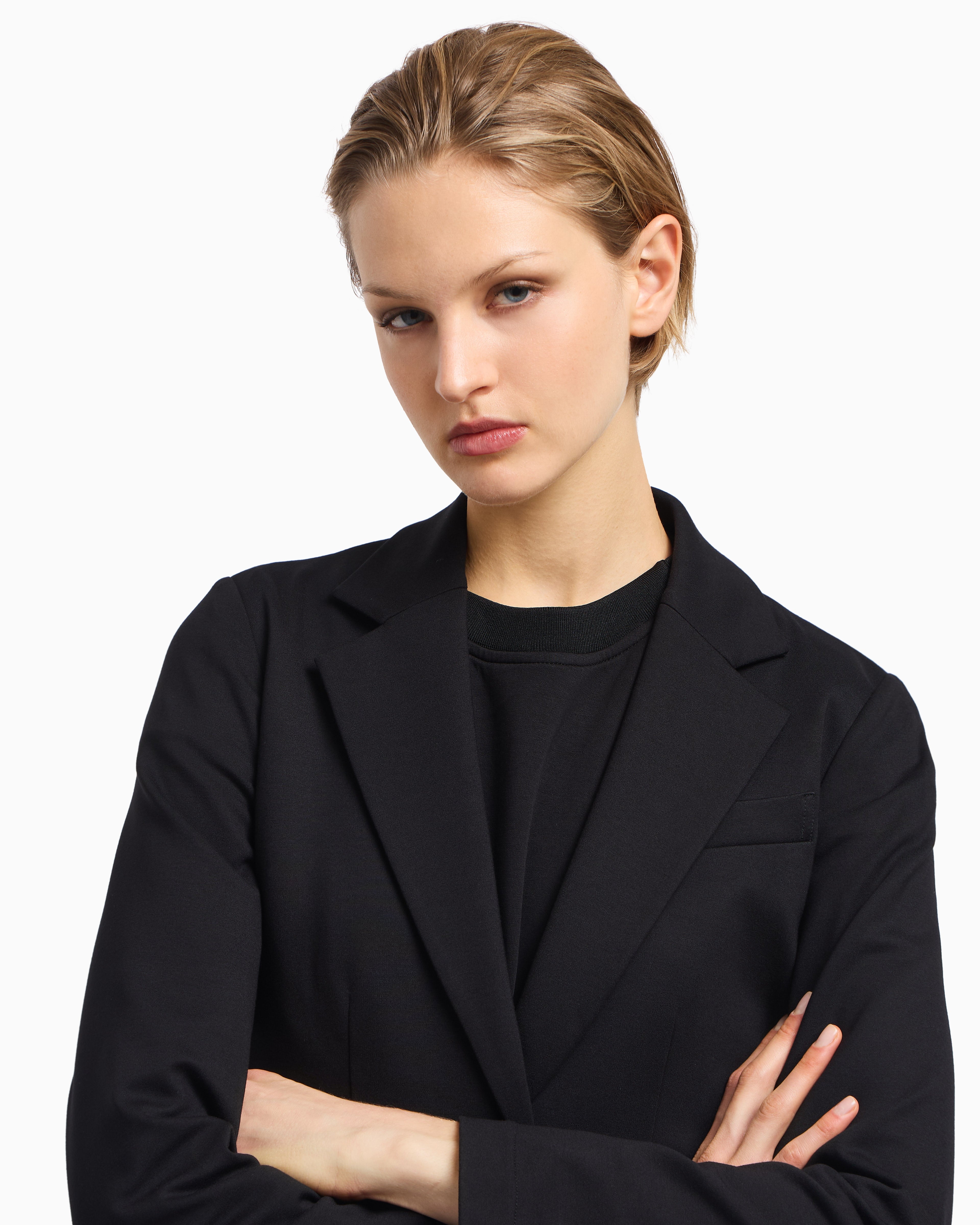 Emporio Armani Travel Essentials capsule collection single-breasted blazer in interlock jersey