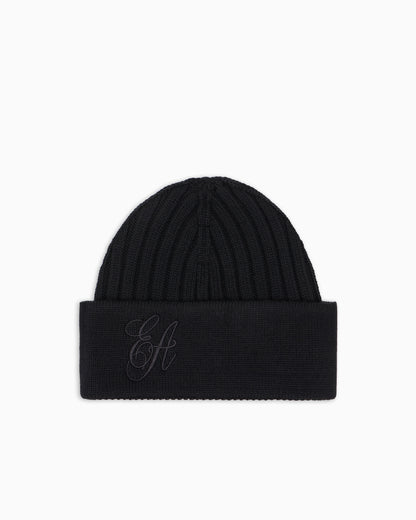 Emporio Armani Ribbed wool beanie with EA signature embroidery