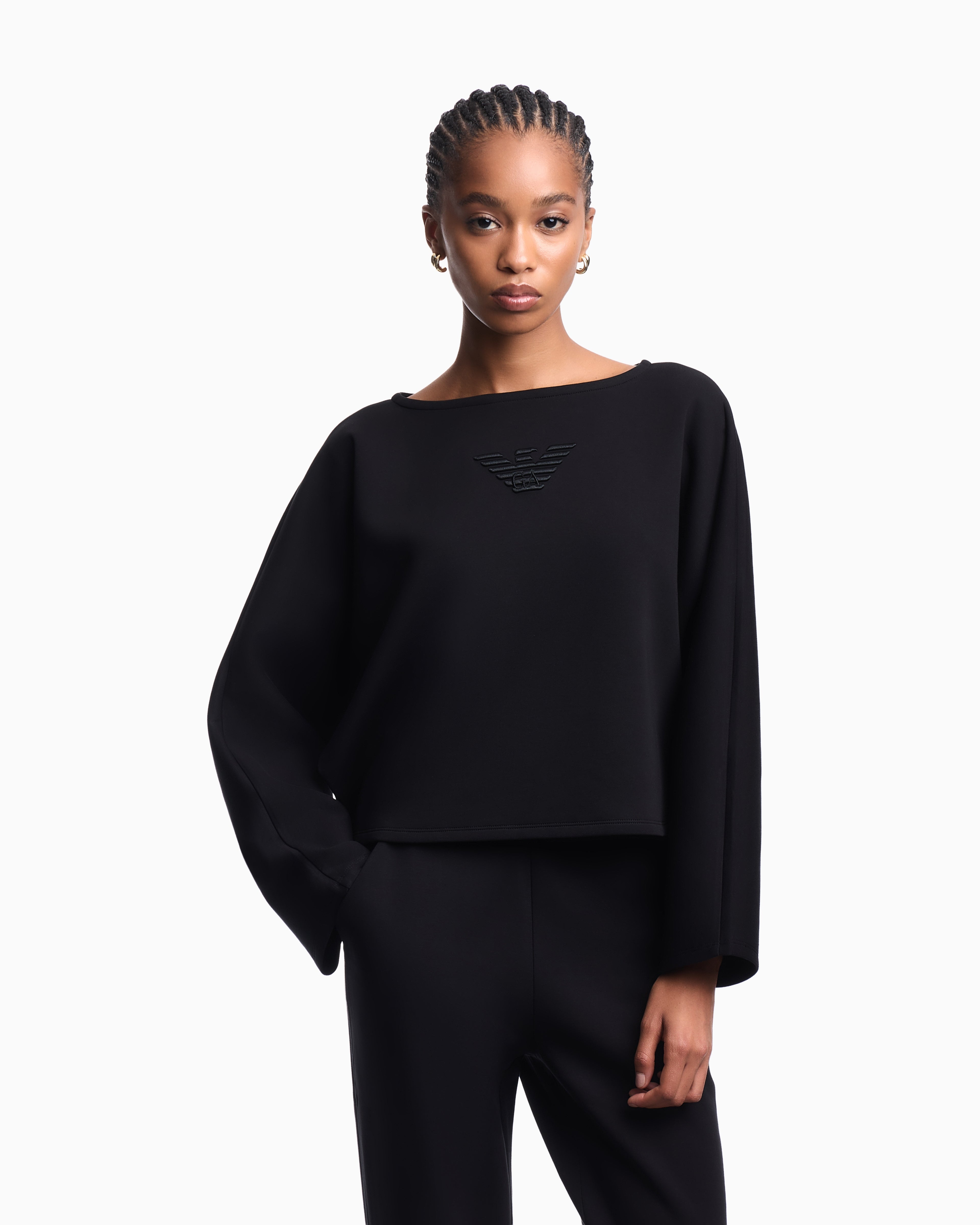 Emporio Armani Double jersey cropped sweatshirt with eagle embroidery
