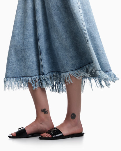 Emporio Armani Midi skirt in vintage-look denim with fringes