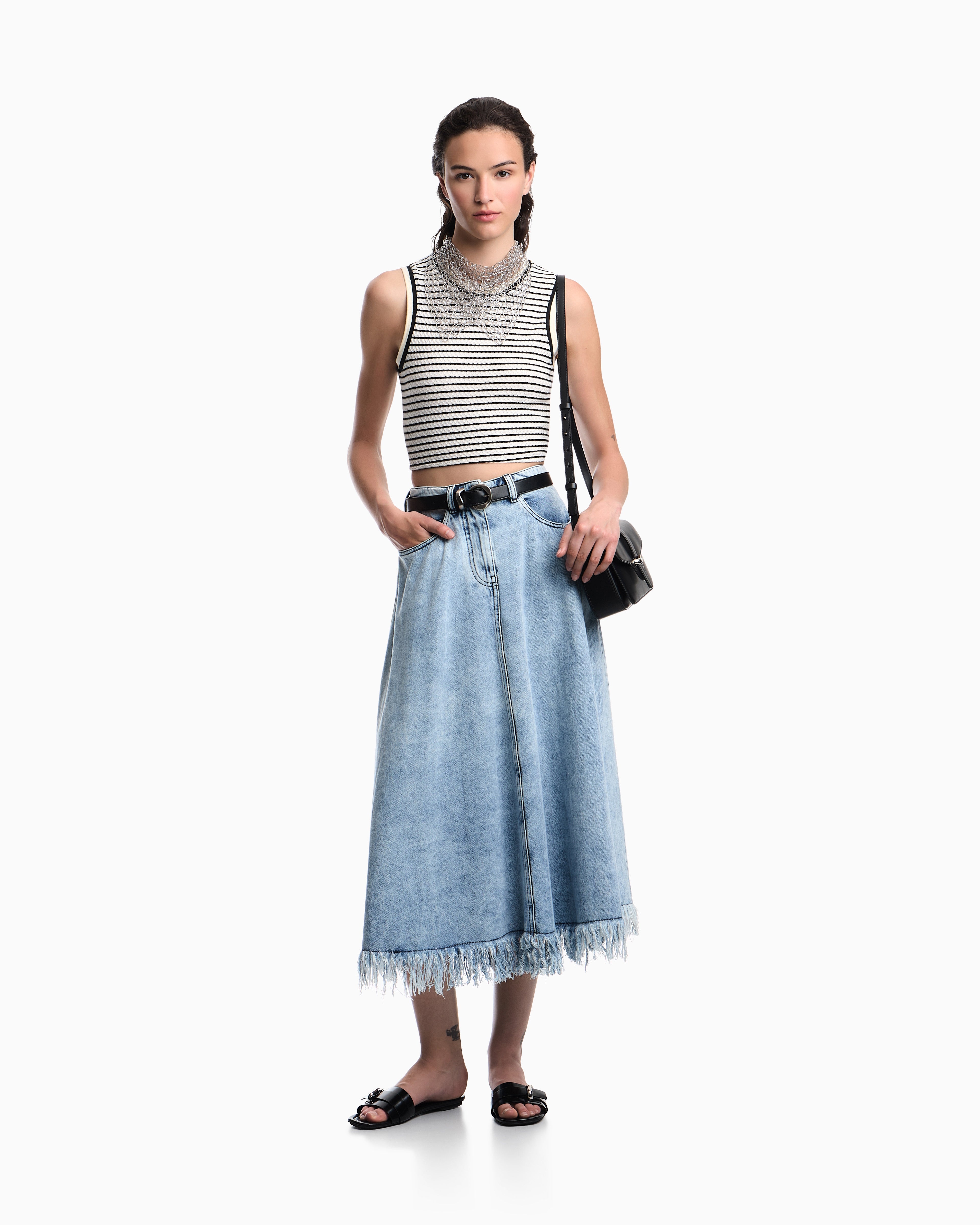 Emporio Armani Midi skirt in vintage-look denim with fringes