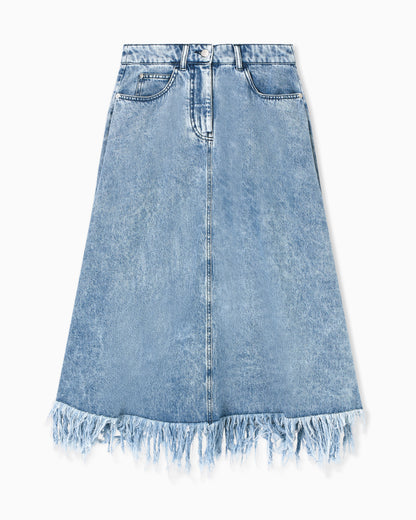 Emporio Armani Midi skirt in vintage-look denim with fringes