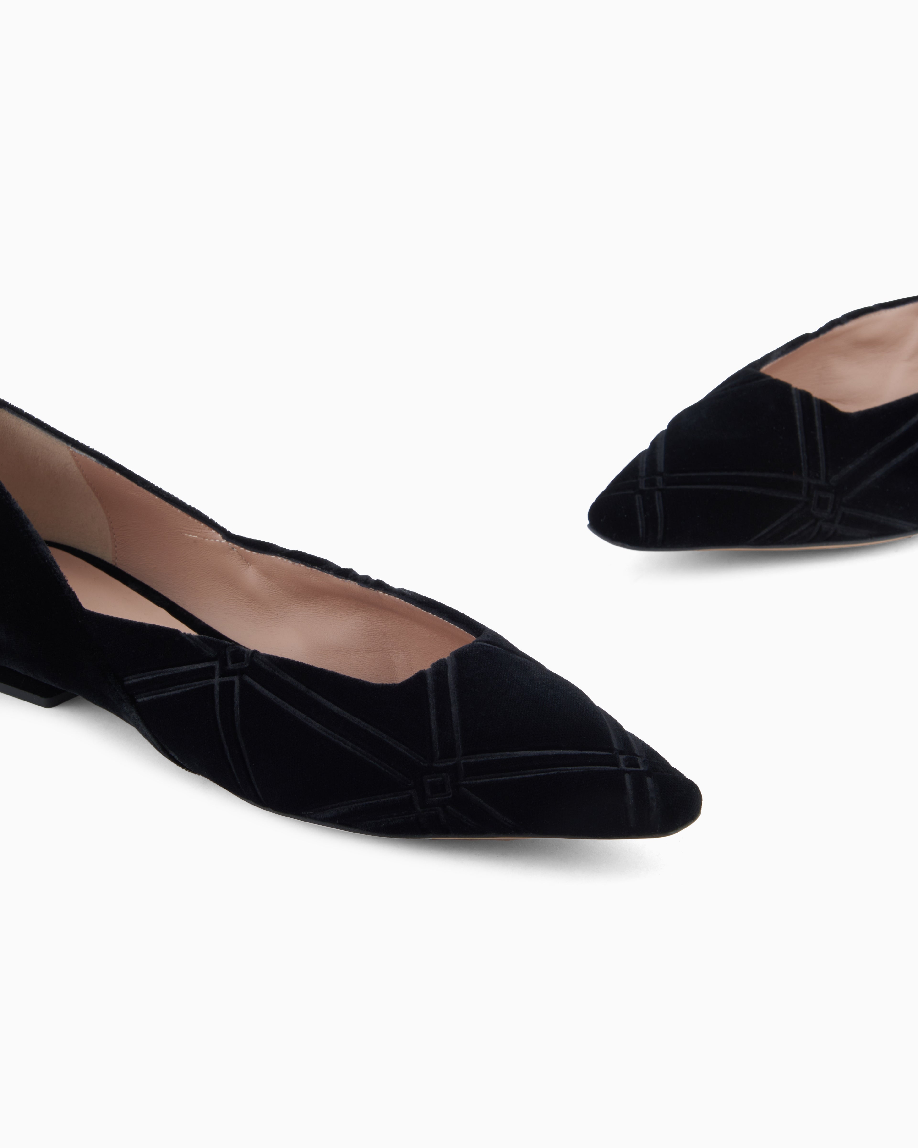 Emporio Armani Embossed Motif Velvet Ballerinas Black