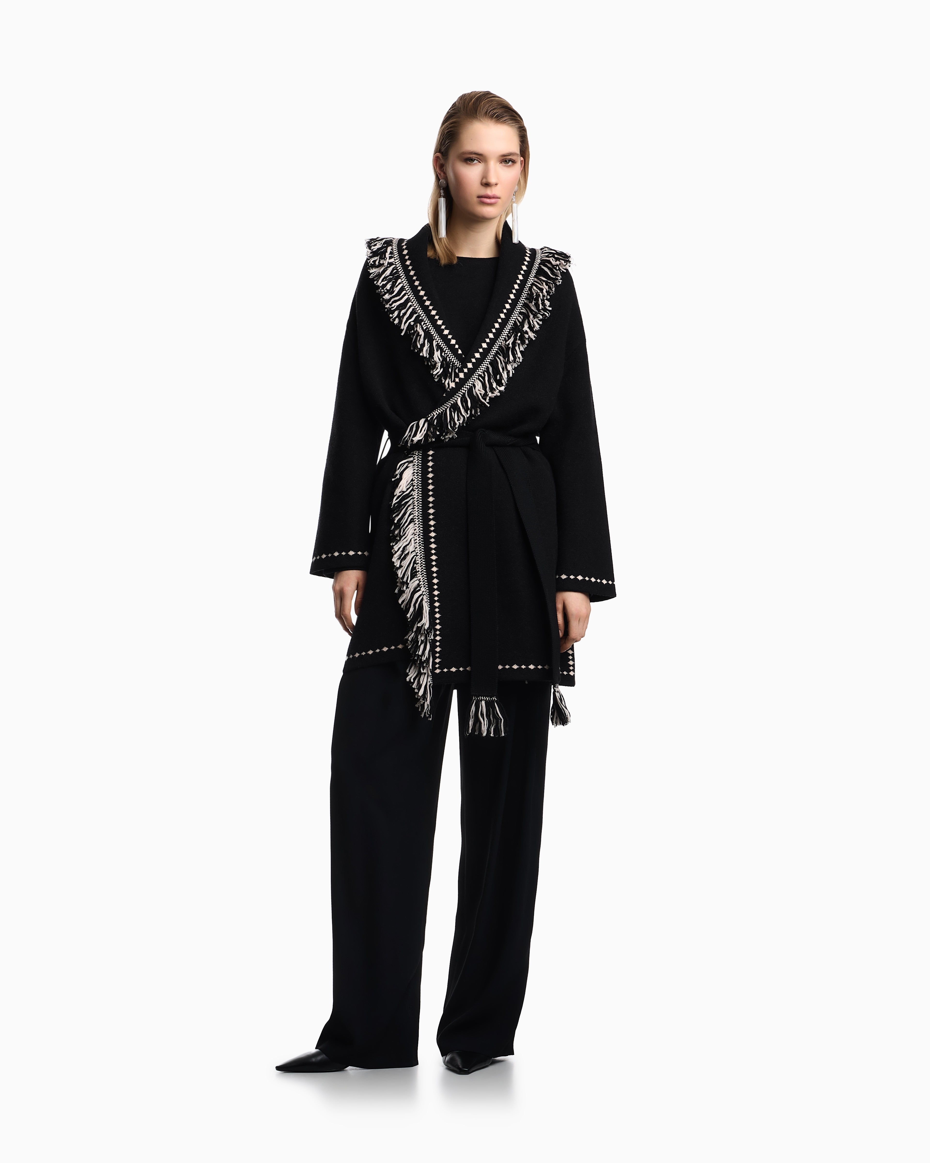 Emporio Armani Oversized cardigan with fringed edges and jacquard motif