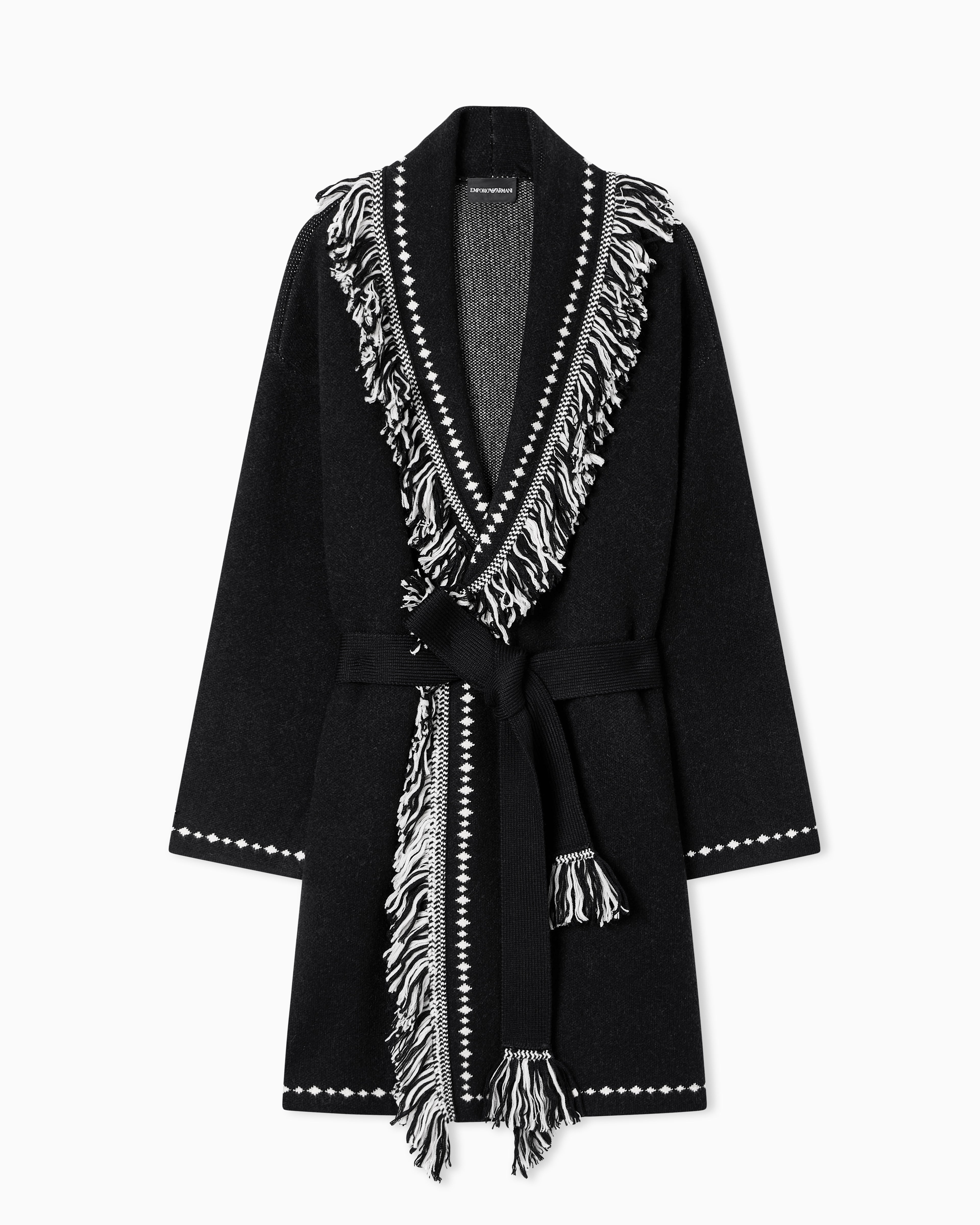 Emporio Armani Oversized cardigan with fringed edges and jacquard motif