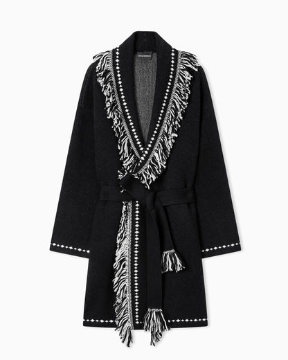 Emporio Armani Oversized cardigan with fringed edges and jacquard motif
